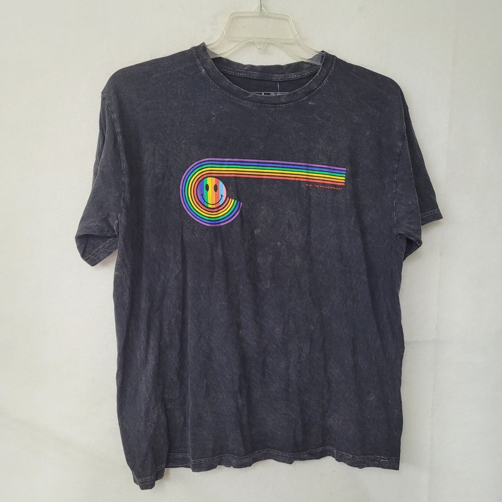 Phluid Project Graphic‎ T Shirt Smiley Face Rainbow Unisex L Black Mineral Wash